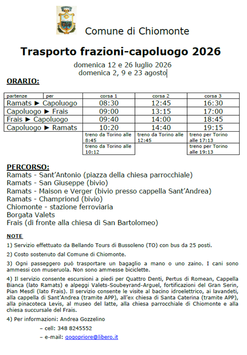 Orario navetta Chiomonte - Frais - Ramats