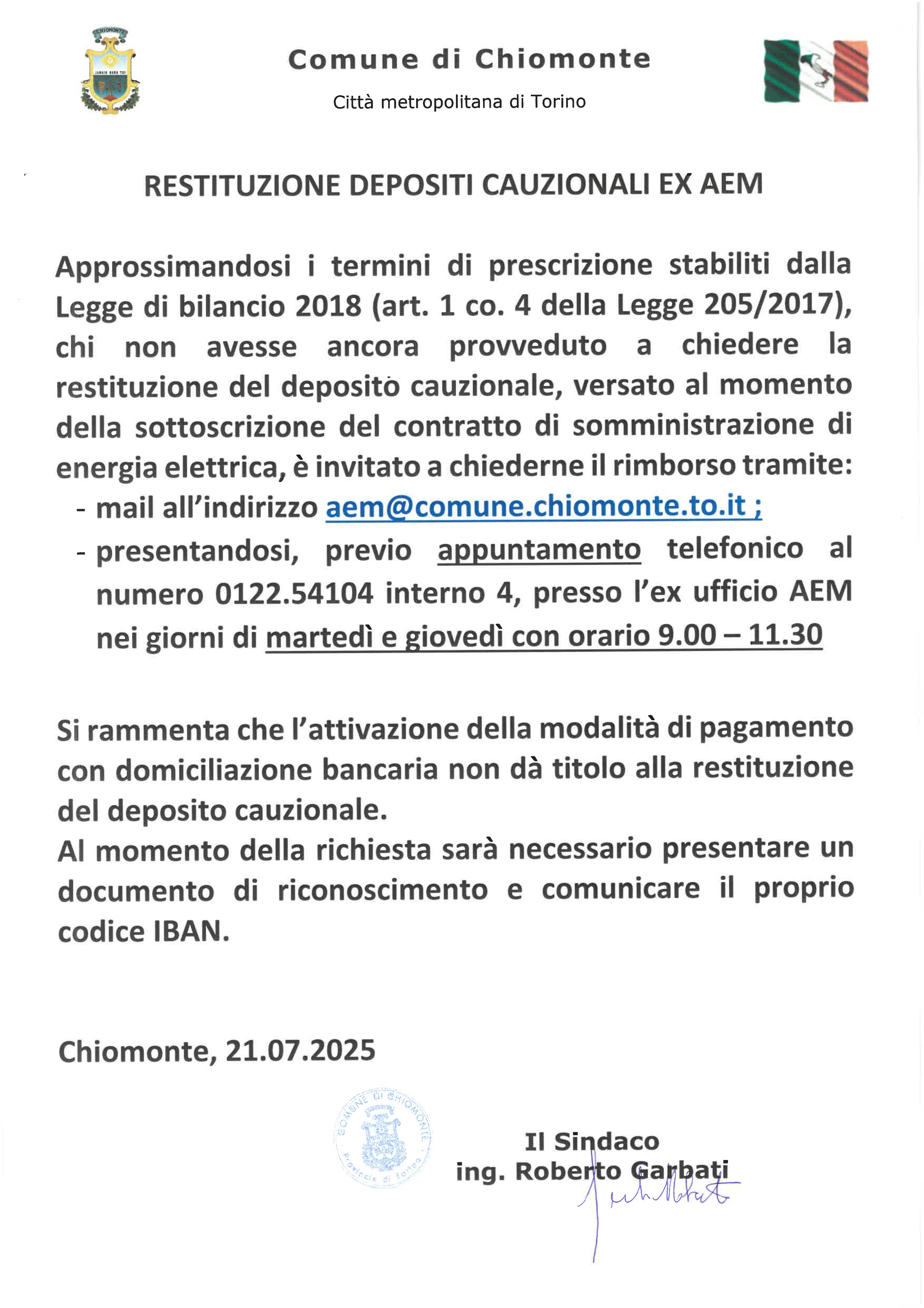 Restituzione depositi cauzionali ex Aem